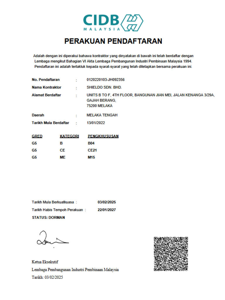 Shieldo sdn bhd cidb certificate